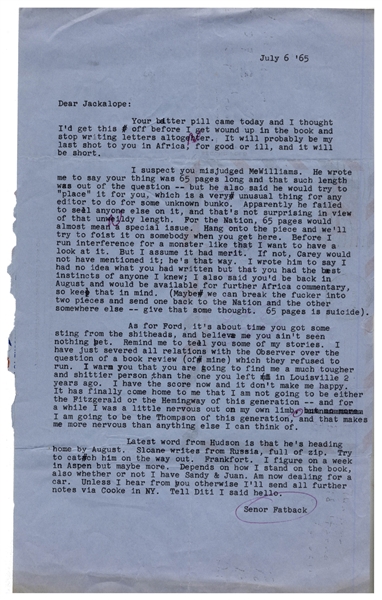 Defiant Hunter S. Thompson Letter Signed, Boldly Proclaiming ''...I am not going to be either the Fitzgerald or the Hemingway of this generation...I am going to be the Thompson of this generation...''